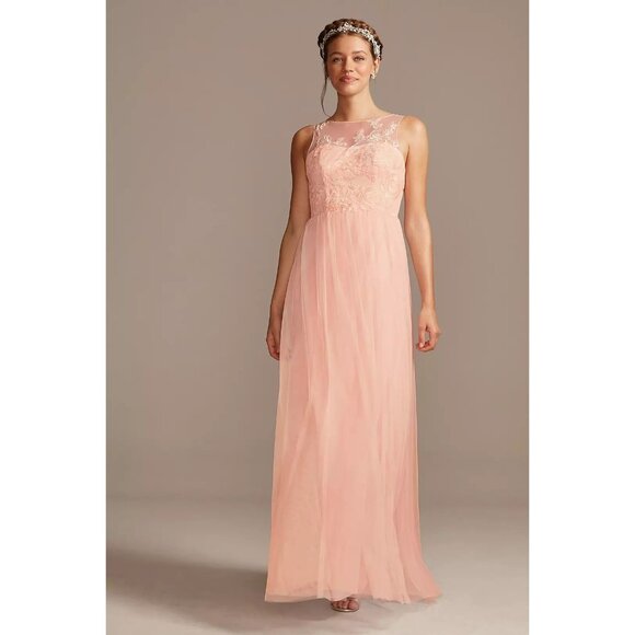 DAVID'S BRIDAL Sleeveless Embroidered Net Bridesmaid Dress Petal Pink Size 16 - Picture 1 of 16